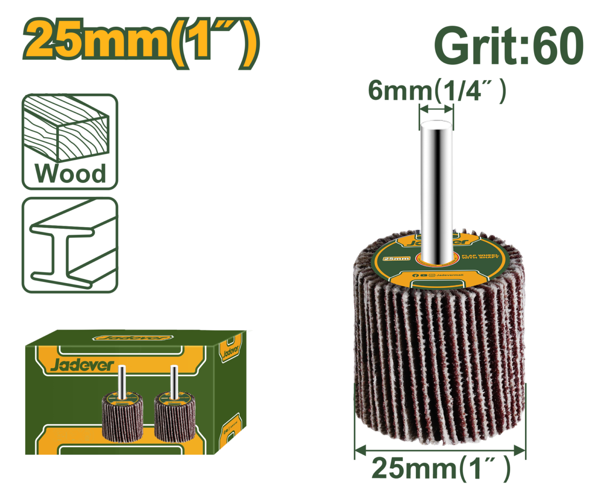 JADEVER Flap Wheel with Shaft 25×25×6mm Grit 60 – Abrasive Mounted Flap Wheel for Metal & Wood (JDYW2502)