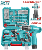 TOTAL 148 Pcs Tool Set with 12V Cordless Drill – Complete Home & Workshop Kit (THKTHP41487)