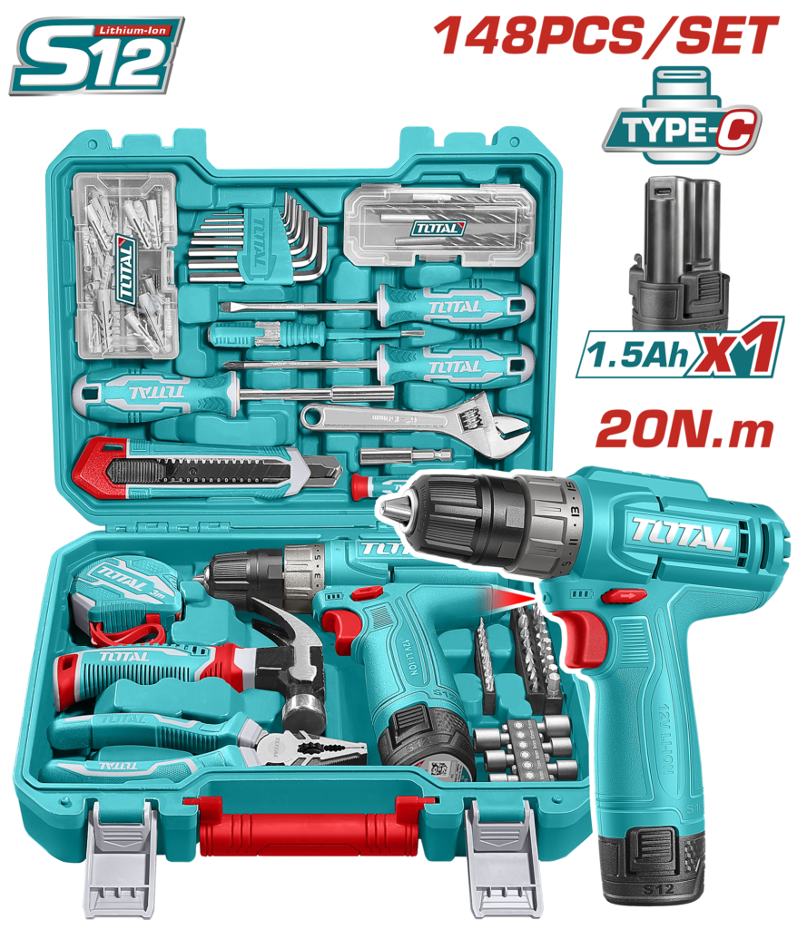 TOTAL 148 Pcs Tool Set with 12V Cordless Drill – Complete Home & Workshop Kit (THKTHP41487)