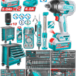 TOTAL 396 Pcs Tool Chest Set with 20V Brushless Impact Wrench 850Nm – Professional Rolling Tool Cabinet (THPTCS83962)