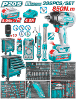 TOTAL 396 Pcs Tool Chest Set with 20V Brushless Impact Wrench 850Nm – Professional Rolling Tool Cabinet (THPTCS83962)