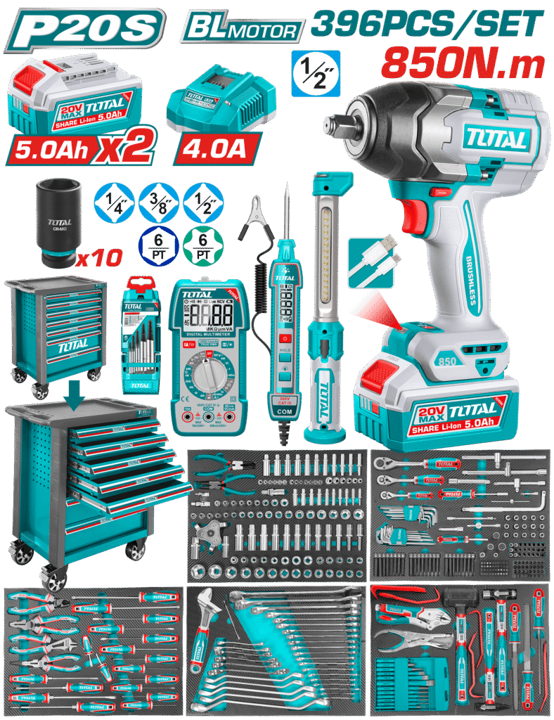 TOTAL 396 Pcs Tool Chest Set with 20V Brushless Impact Wrench 850Nm – Professional Rolling Tool Cabinet (THPTCS83962)