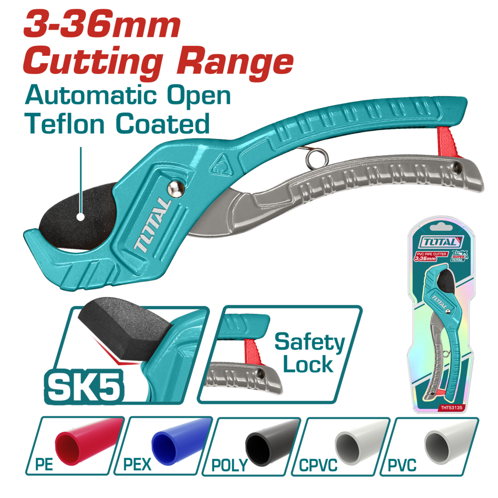 TOTAL PVC Pipe Cutter 3-36mm – Aluminum Pipe Cutting Tool with SK5 Blade (THT53135)