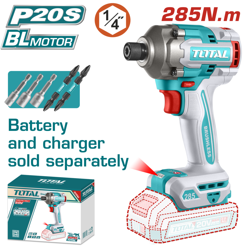TOTAL Brushless Cordless Impact Driver 20V – 285Nm Hex Impact Driver - Without Battery & Charger (TIRLI20281)