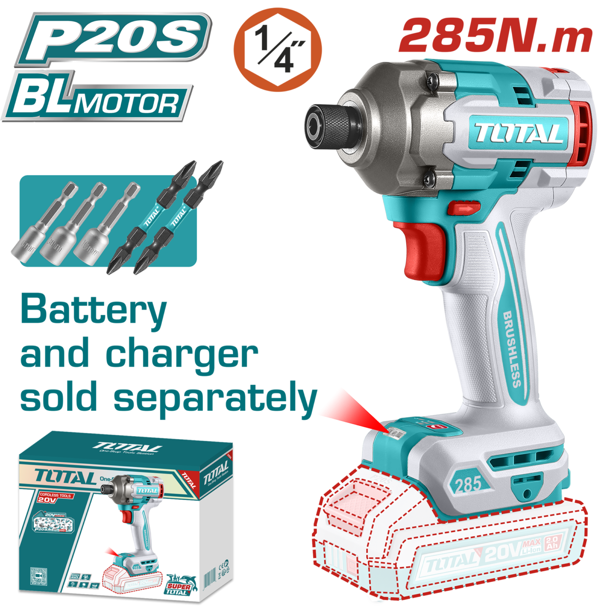 TOTAL Brushless Cordless Impact Driver 20V – 285Nm Hex Impact Driver – Without Battery & Charger (TIRLI20281)