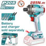 TOTAL Brushless Cordless Impact Driver 20V – 285Nm Hex Impact Driver - Without Battery & Charger (TIRLI20281)