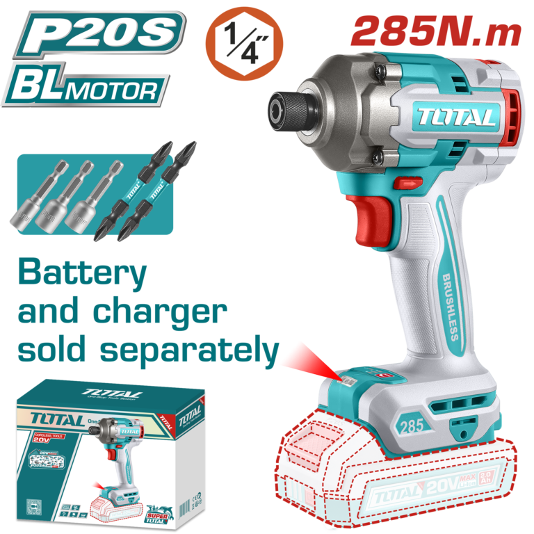 TOTAL Brushless Cordless Impact Driver 20V – 285Nm Hex Impact Driver - Without Battery & Charger (TIRLI20281)