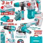 TOTAL Cordless 3 Pcs Combo Kit 20V – Brushless Impact Drill, Angle Grinder & Rotary Hammer Set (TOSLI251195)