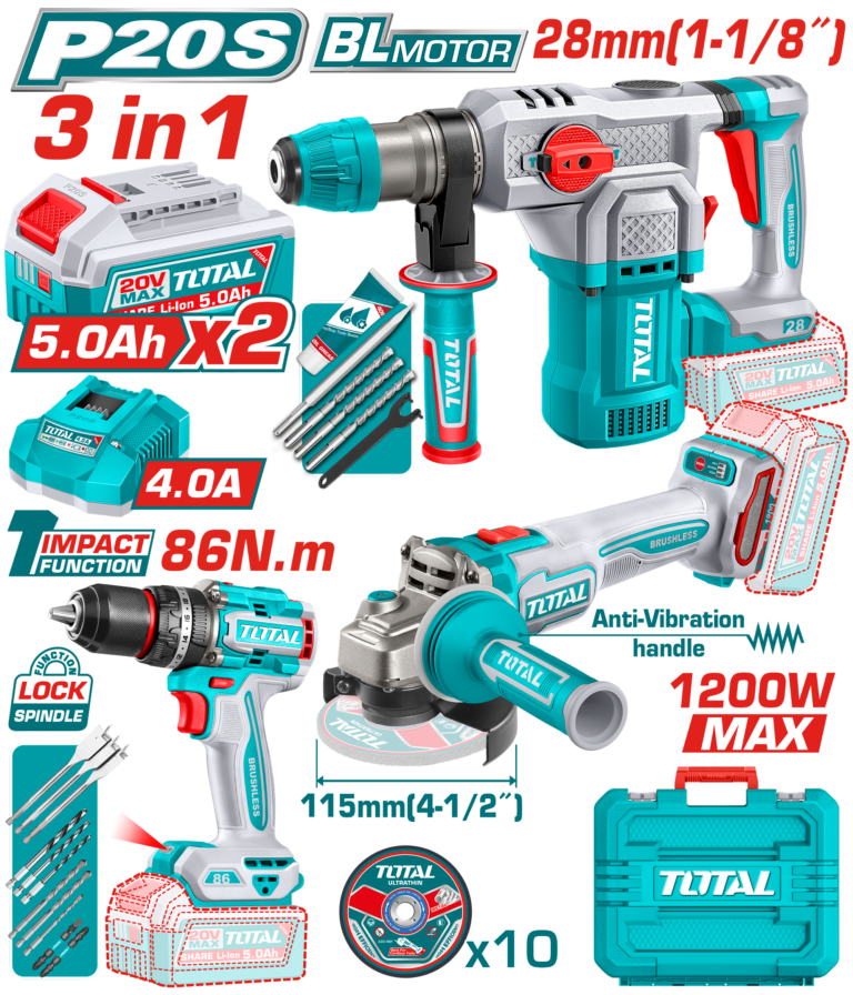 TOTAL Cordless 3 Pcs Combo Kit 20V – Brushless Impact Drill, Angle Grinder & Rotary Hammer Set (TOSLI251195)