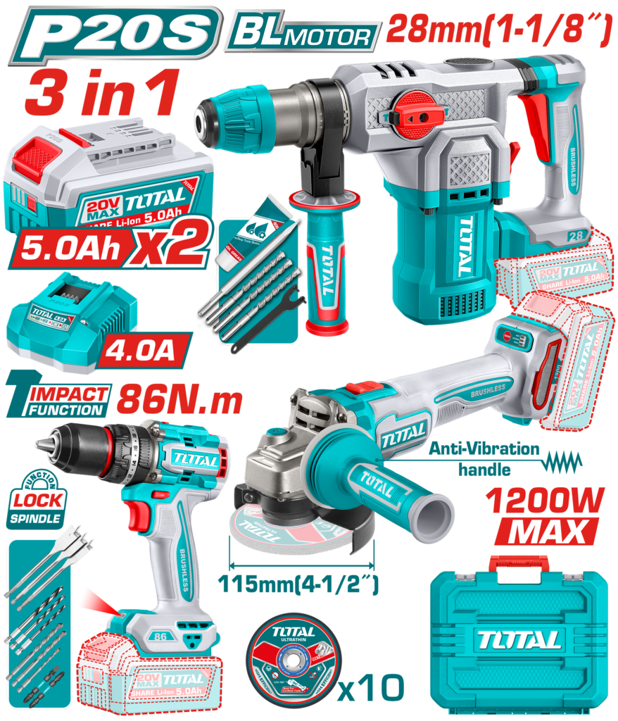 TOTAL Cordless 3 Pcs Combo Kit 20V – Brushless Impact Drill, Angle Grinder & Rotary Hammer Set (TOSLI251195)