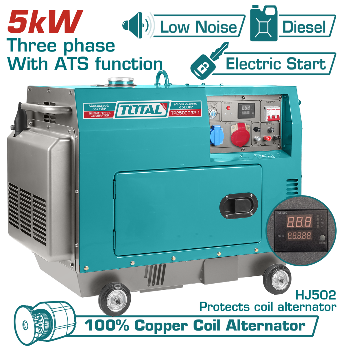 TOTAL Silent Diesel Generator 5.0kW Three Phase with ATS – Electric Start Generator (TP2500032-1)