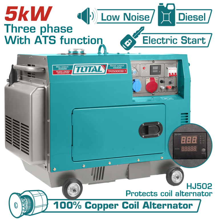 TOTAL Silent Diesel Generator 5.0kW Three Phase with ATS – Electric Start Generator (TP2500032-1)