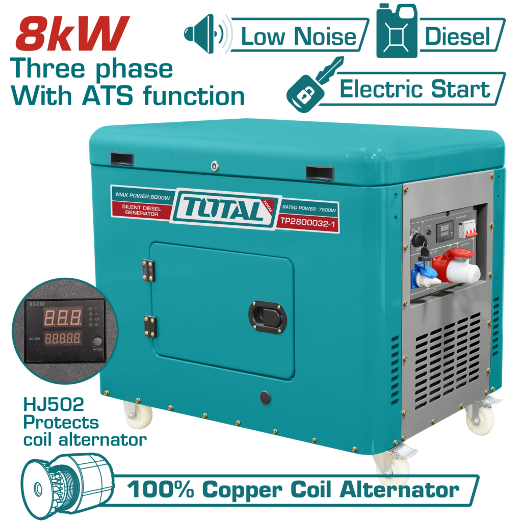 TOTAL Silent Diesel Generator 8.0kW Three Phase with ATS – Electric Start Generator (TP2800032-1)