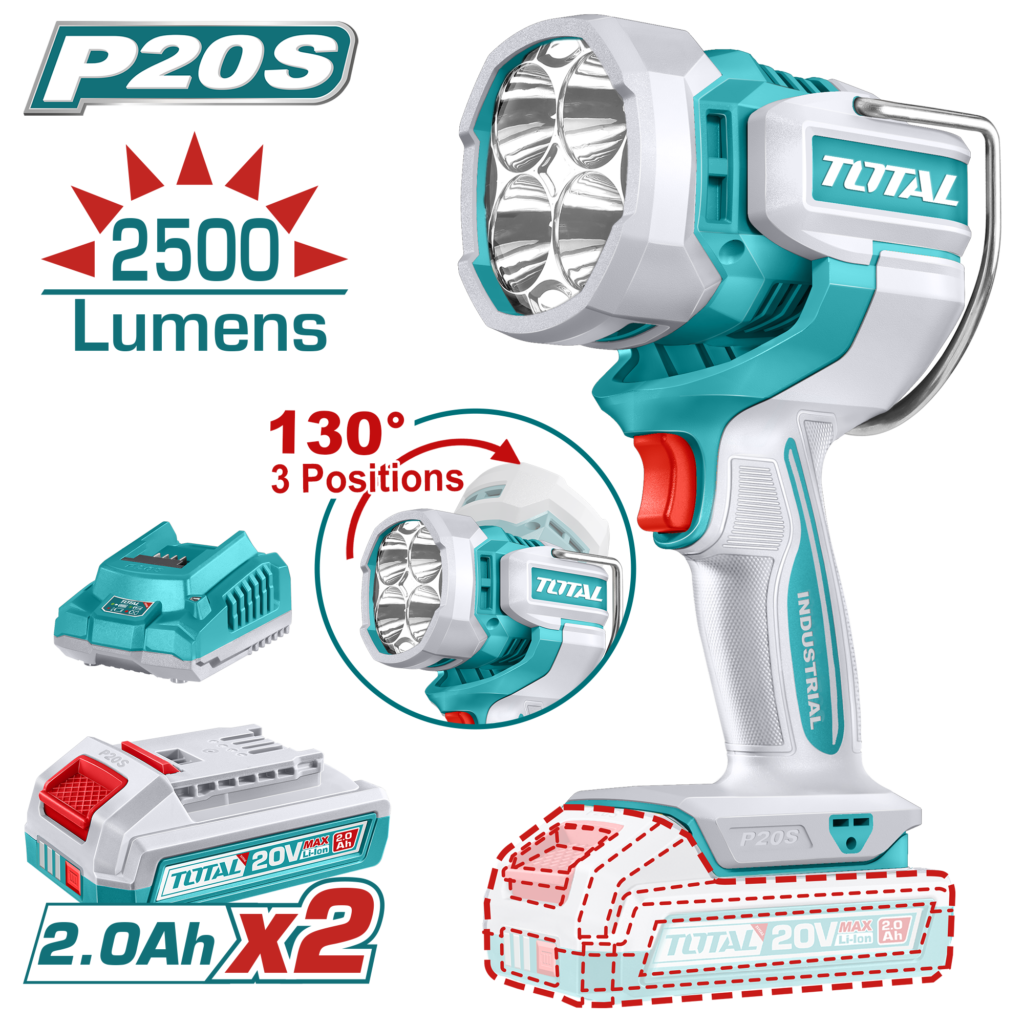 TOTAL Cordless Work Lamp 20V – 2500 Lumens LED Rechargeable Work Light Kit (TWLI20887)