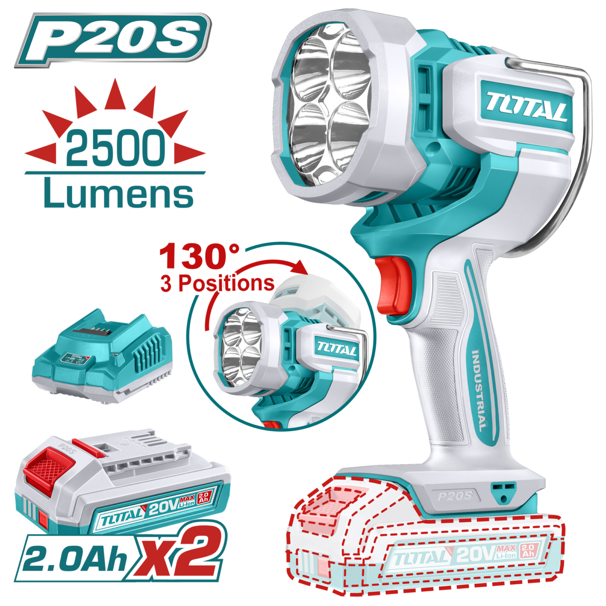 TOTAL Cordless Work Lamp 20V – 2500 Lumens LED Rechargeable Work Light Kit (TWLI20887)