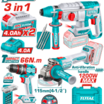 TOTAL 20V Cordless 3 Pcs Combo Kit – Brushless Impact Drill, Angle Grinder & Rotary Hammer Set (TCKLI202598)