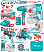 TOTAL 20V Cordless 3 Pcs Combo Kit – Brushless Impact Drill, Angle Grinder & Rotary Hammer Set (TCKLI202598)