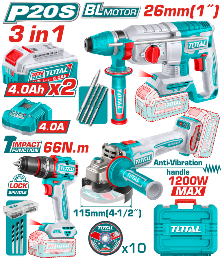 TOTAL 20V Cordless 3 Pcs Combo Kit – Brushless Impact Drill, Angle Grinder & Rotary Hammer Set (TCKLI202598)