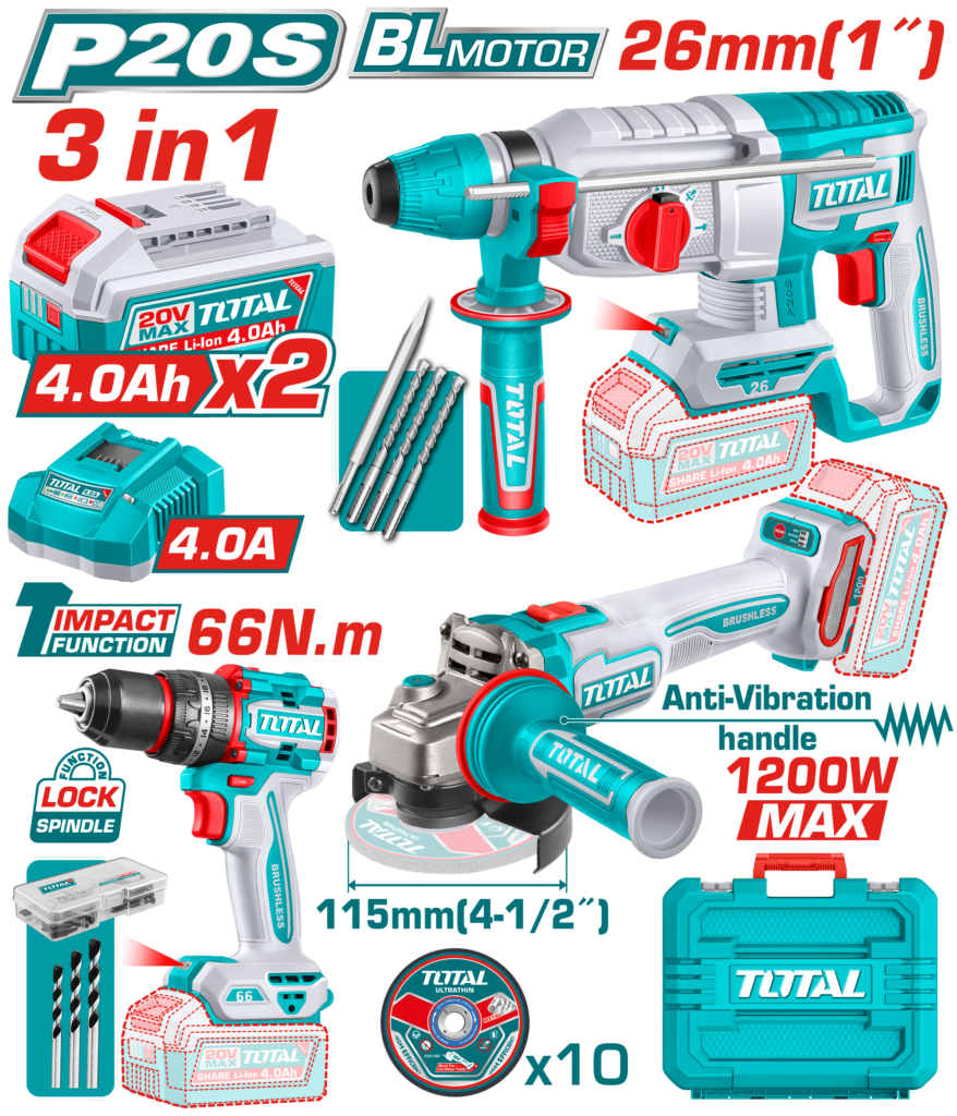 TOTAL 20V Cordless 3 Pcs Combo Kit – Brushless Impact Drill, Angle Grinder & Rotary Hammer Set (TCKLI202598)