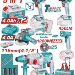 TOTAL 20V Cordless 5 Pcs Industrial Combo Kit – Brushless Impact Drill, Impact Wrench, Angle Grinder, Rotary Hammer & Work Lamp (TCKLI20595)