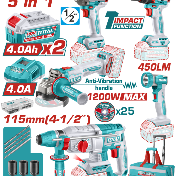 TOTAL 20V Cordless 5 Pcs Industrial Combo Kit – Brushless Impact Drill, Impact Wrench, Angle Grinder, Rotary Hammer & Work Lamp (TCKLI20595)