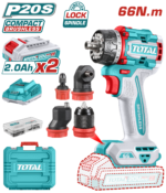 TOTAL 20V Brushless Cordless Multi-Head Drill Driver Kit – 66Nm with 4 Interchangeable Heads (TDLI206686)