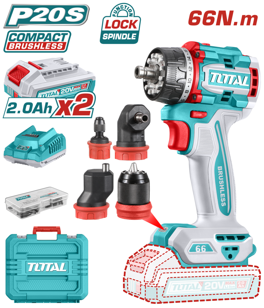 TOTAL 20V Brushless Cordless Multi-Head Drill Driver Kit – 66Nm with 4 Interchangeable Heads (TDLI206686)