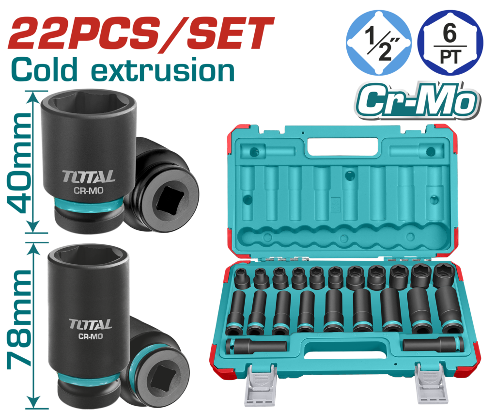TOTAL 22 Pcs 1/2" Drive Impact Socket Set – Standard & Deep Cr-Mo Sockets (THKISD12221L)