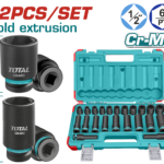 TOTAL 22 Pcs 1/2" Drive Impact Socket Set – Standard & Deep Cr-Mo Sockets (THKISD12221L)