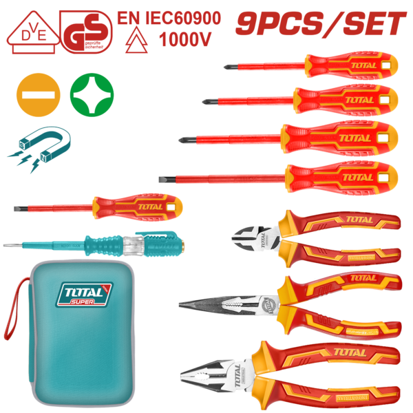 TOTAL 9 Pcs Insulated Hand Tools Set – VDE Electrical Tool Kit with Canvas Bag (THKIST3092)