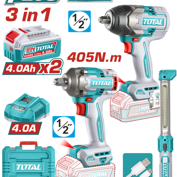 TOTAL 20V Cordless 3 Pcs Combo Kit – Brushless 850Nm & 405Nm Impact Wrenches with LED Work Lamp (TOSLI260285)