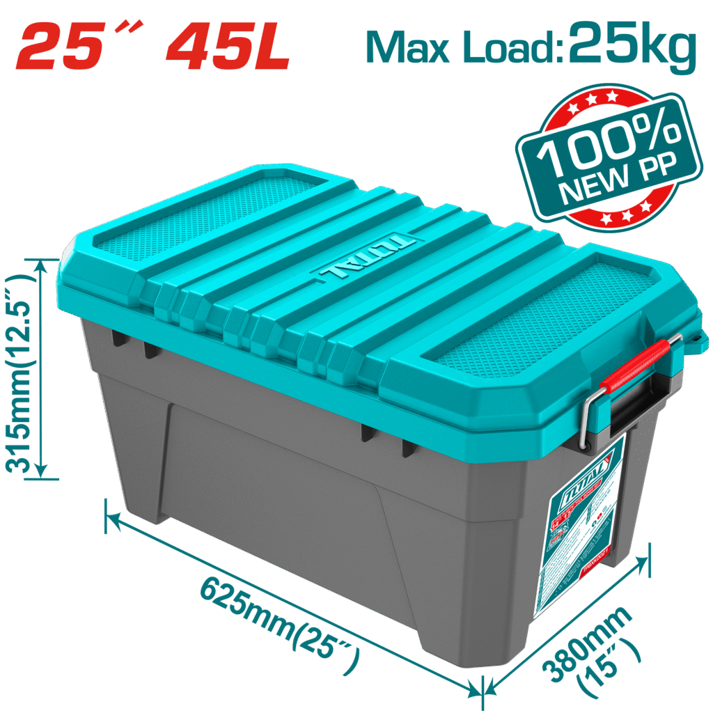 TOTAL 25" Plastic Tool Box – 45L Heavy-Duty Tool Storage Box with Metal Latches (TPBX0252)