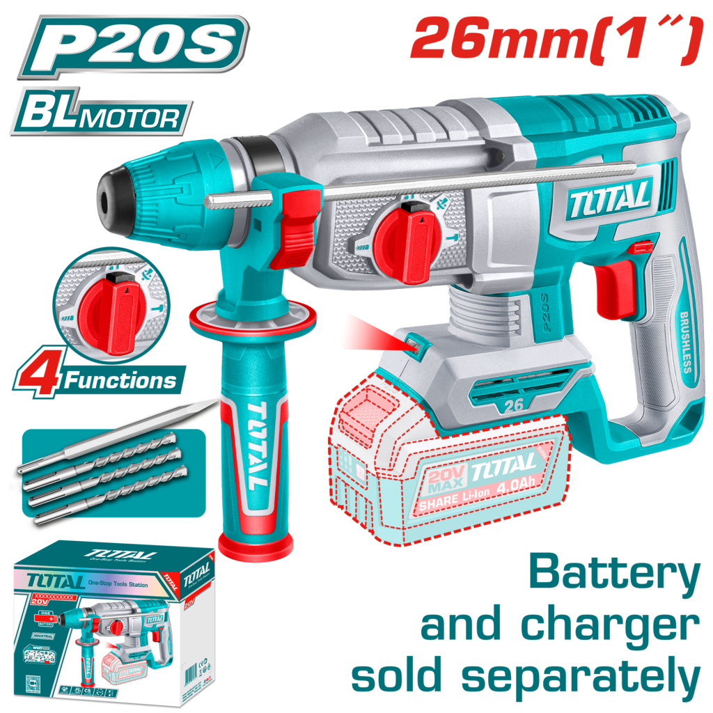 TOTAL 20V Brushless Cordless Rotary Hammer SDS Plus – 2.5J Rotary Hammer Drill (TRHLI26208)