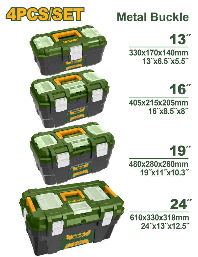 JADEVER 4 Pcs Plastic Tool Box Set – 13", 16", 19" & 24" with Metal Buckles (JDTB4104)