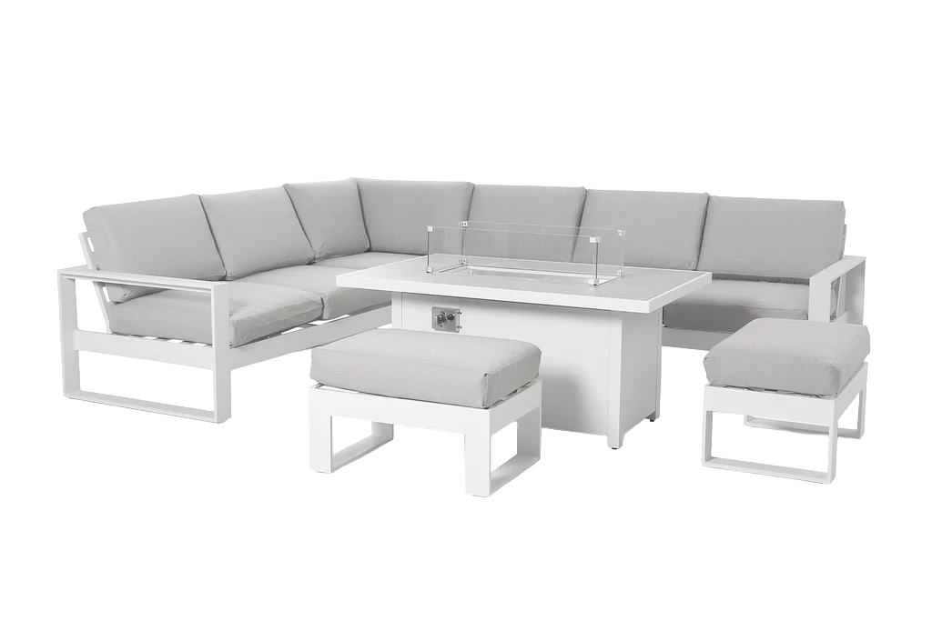 Amalfi Large Corner Outdoor Lounge & Dining Set with Gas Fire Pit Table & 2 Footstools