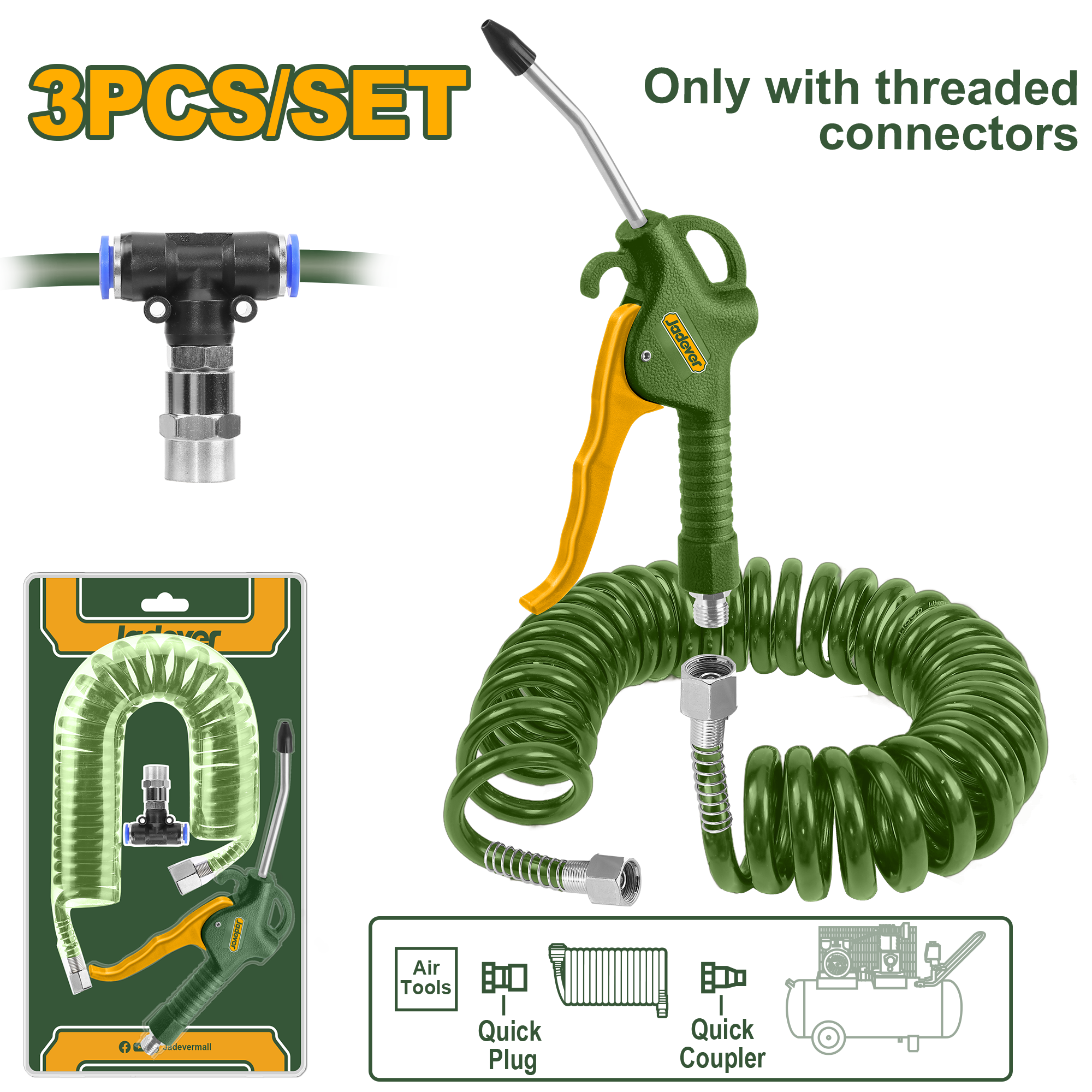 JADEVER Plastic Air Blow Gun Set with PU Air Hose & 8mm T-Fitting (JDGA6434)