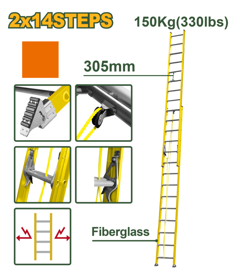 JADEVER 7.9m Fiberglass Extension Ladder 2×14 Steps – 150kg Load Capacity (JDLD0928)
