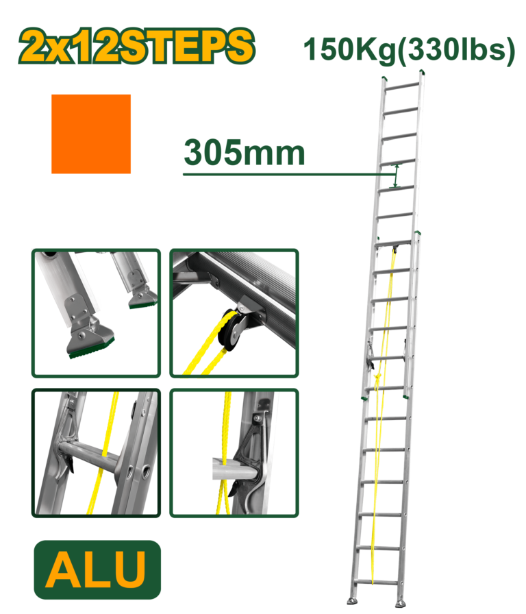 JADEVER 6.4m Aluminum Extension Ladder 2×12 Steps – 150kg Load Capacity (JDLD8H24)