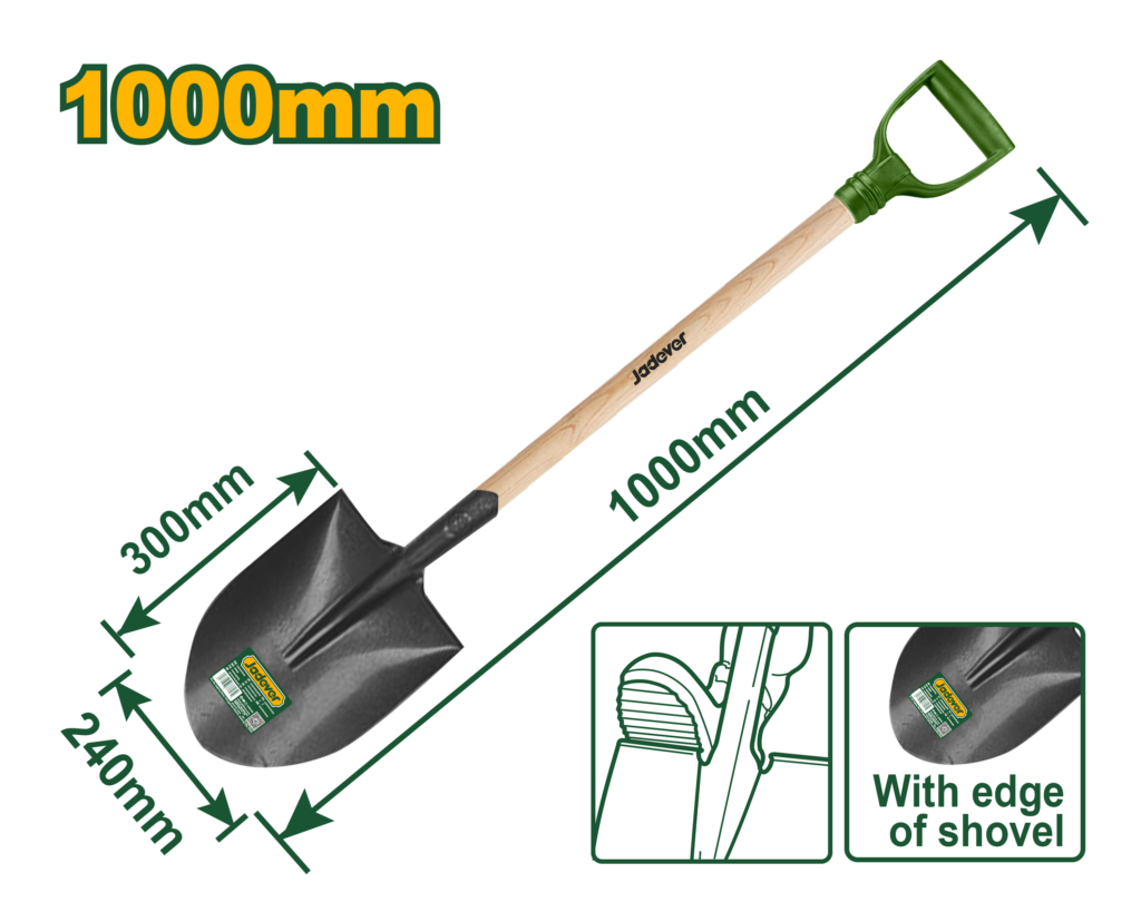 JADEVER Steel Shovel with Wooden Handle – 1000mm Carbon Steel Shovel (JDSE1327)