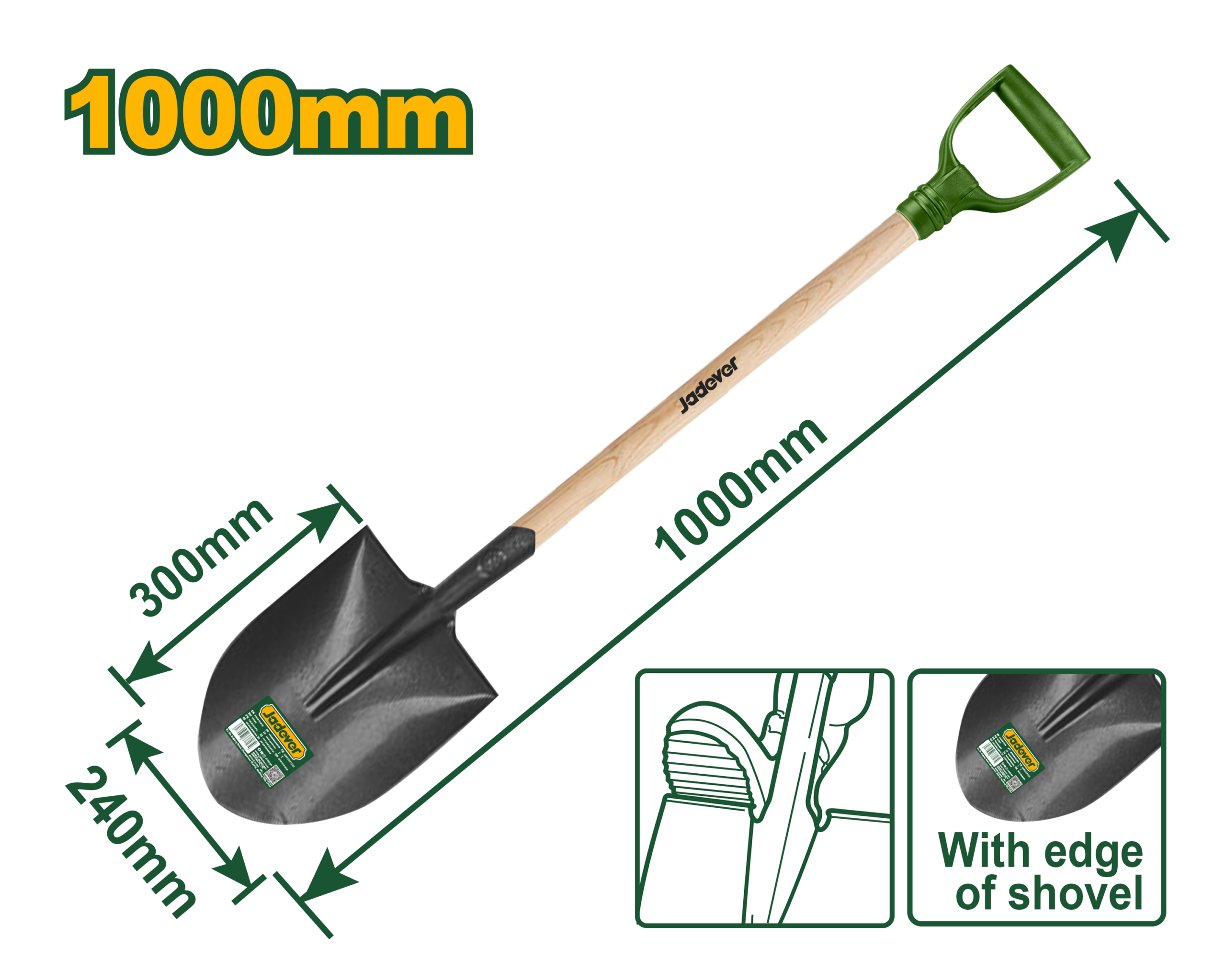JADEVER Steel Shovel with Wooden Handle – 1000mm Carbon Steel Shovel (JDSE1327)