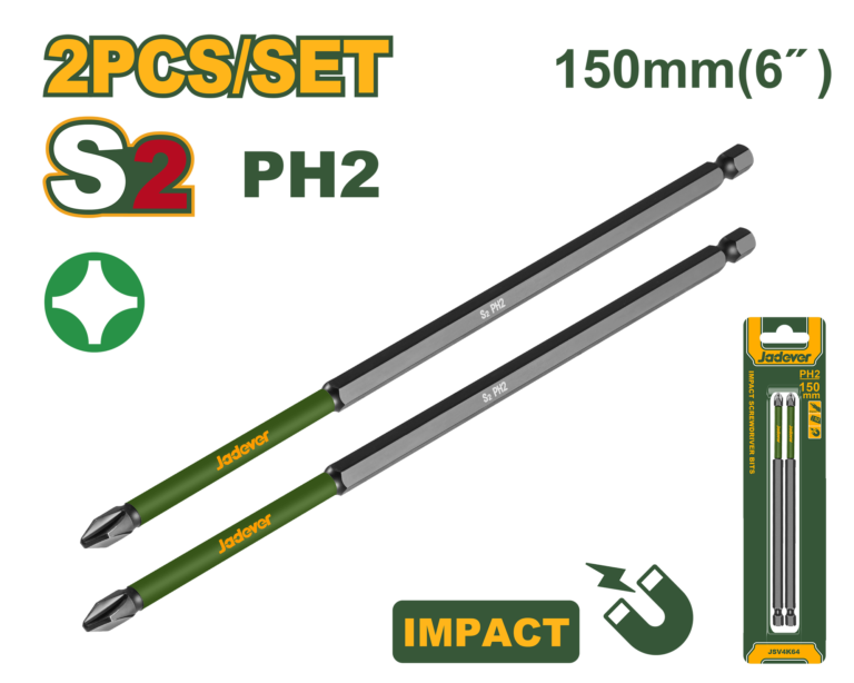 JADEVER 2 Pcs PH2 Impact Screwdriver Bits 150mm – S2 Steel with Shock Zone & Magnetic Tip (JDSV4K64)