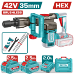 TOTAL 42V Brushless Cordless Demolition Breaker – 18J SDS HEX with 2 Batteries (TDBLI423582)