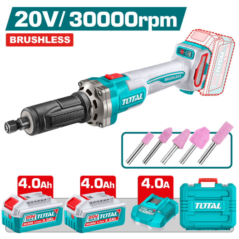 TOTAL 20V Brushless Cordless Die Grinder – 30,000 RPM with 2×4.0Ah Batteries (TDGLI20012)