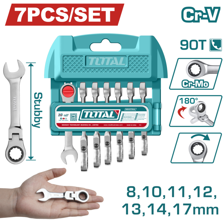 TOTAL 7 Pcs Short Flexible Ratchet Spanner Set – 90 Teeth, 8–17mm Cr-V (THT103RK676)