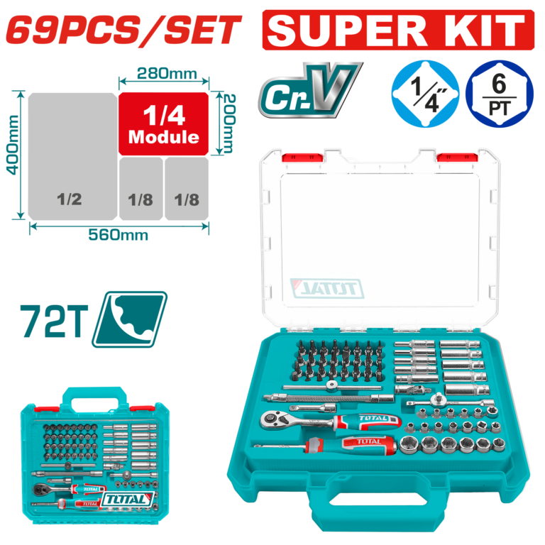 TOTAL 69 Pcs 1/4" Drive Socket & Bit Set – 72T Quick Release Ratchet, Cr-V Steel (THT141696)