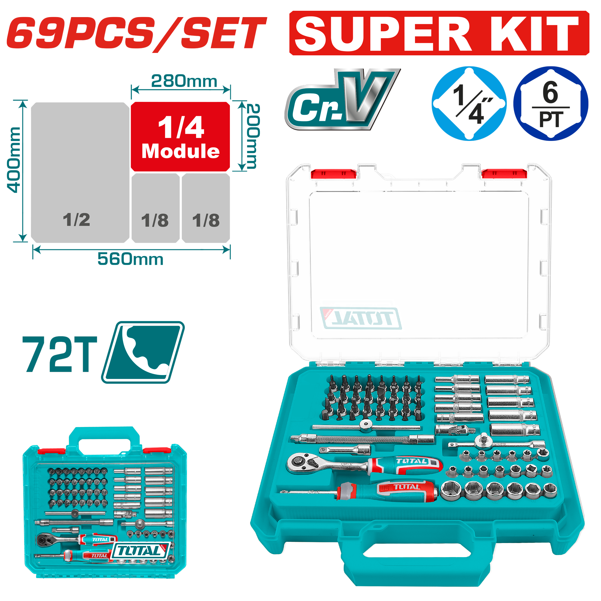 TOTAL 69 Pcs 1/4″ Drive Socket & Bit Set – 72T Quick Release Ratchet, Cr-V Steel (THT141696)