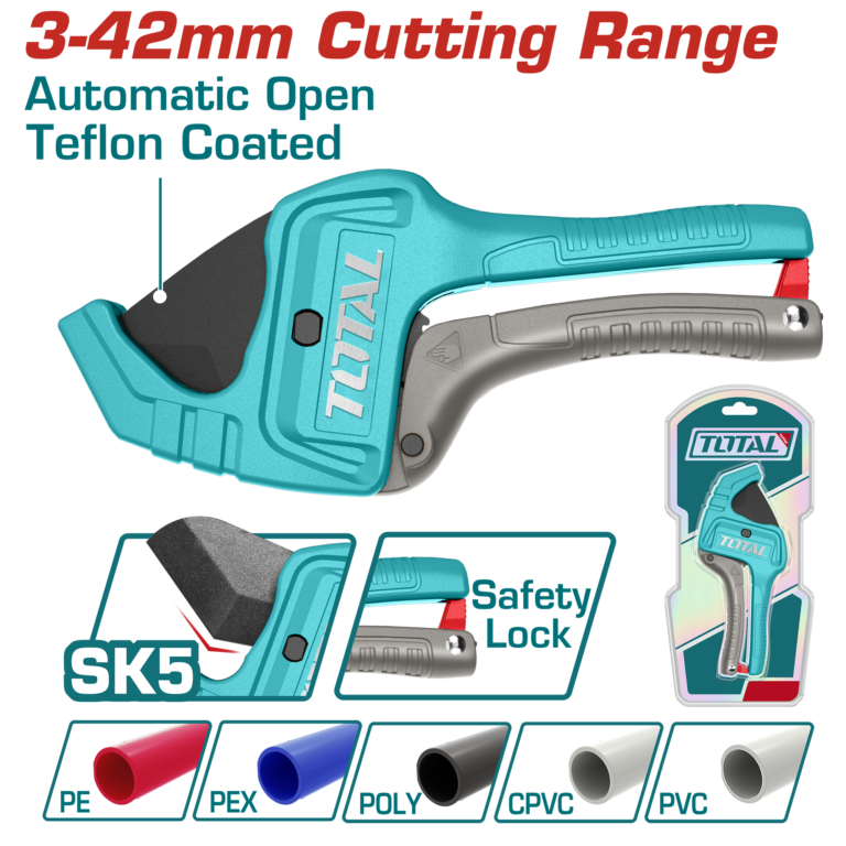 TOTAL PVC Pipe Cutter 3–42mm – 218mm SK5 Steel with Auto-Open Function (THT53142)
