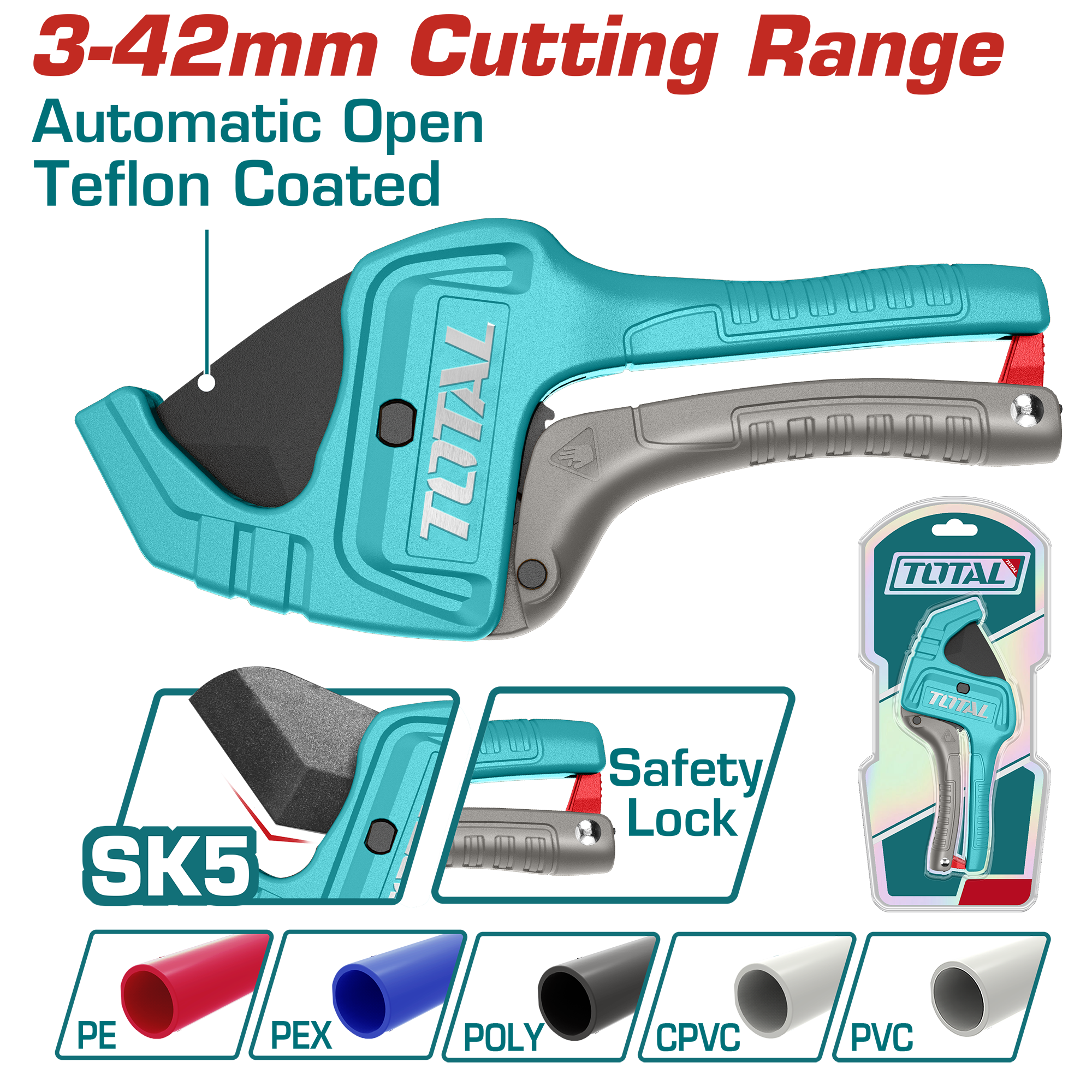 TOTAL PVC Pipe Cutter 3–42mm – 218mm SK5 Steel with Auto-Open Function (THT53142)