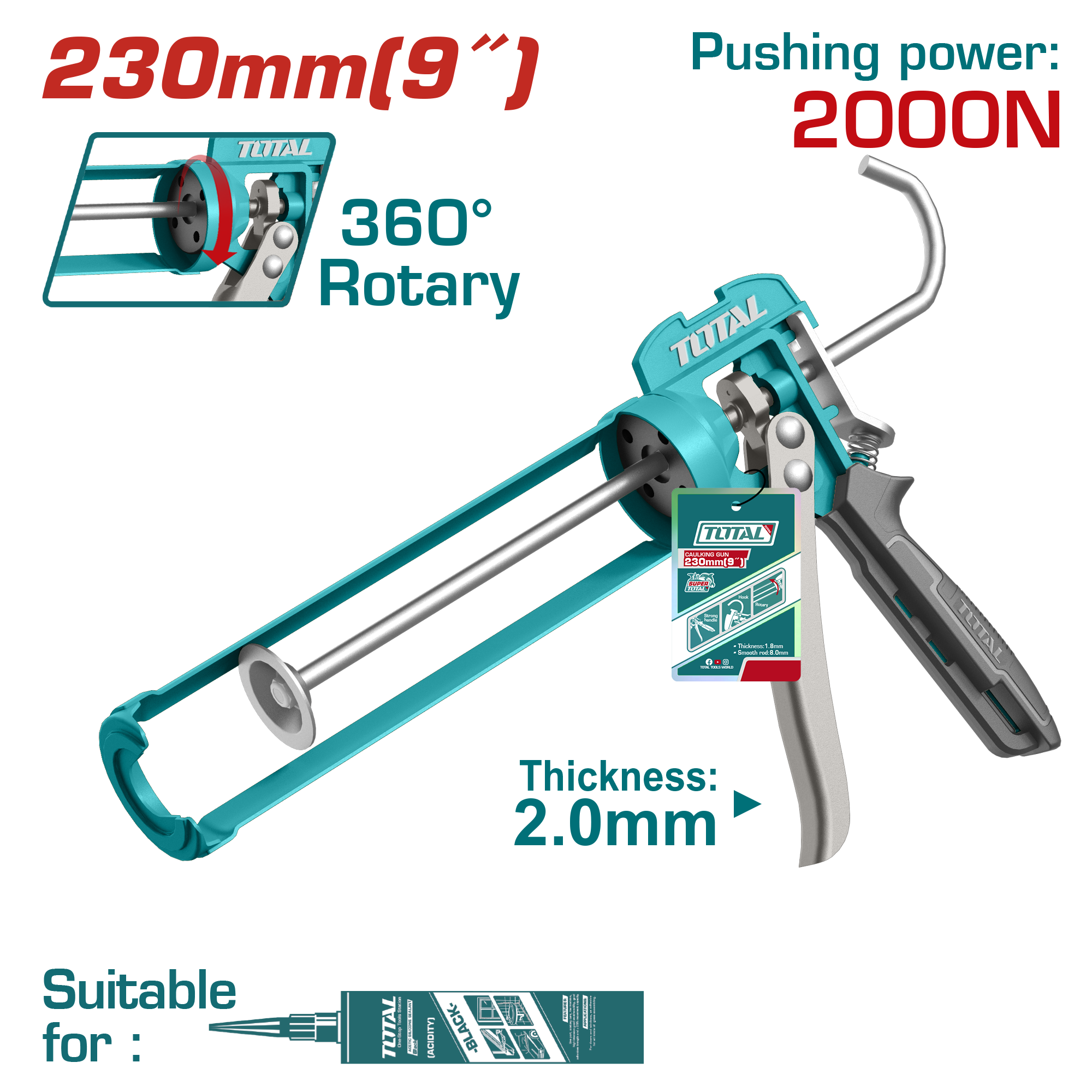 TOTAL 9″ Caulking Gun with Rotary Function – Heavy-Duty Aluminum Handle (THT8609)