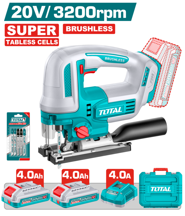 TOTAL 20V Cordless Jig Saw – 3200 RPM, 125mm Wood Cutting with 2×4.0Ah Batteries (TJSLI13562)